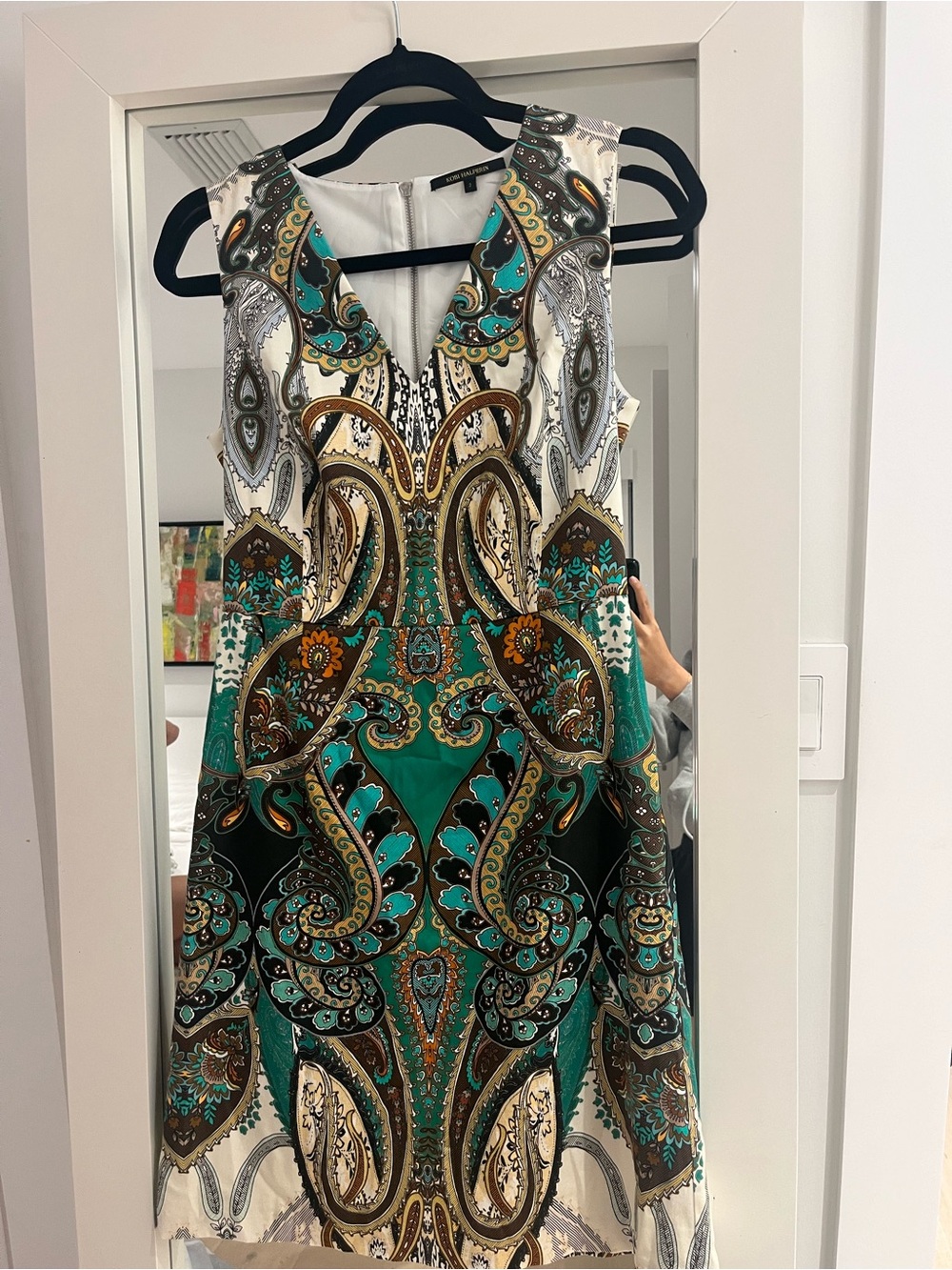 Kobi Halperin Teal, Brown and Cream Sleeveless V-Neck Midi Dress